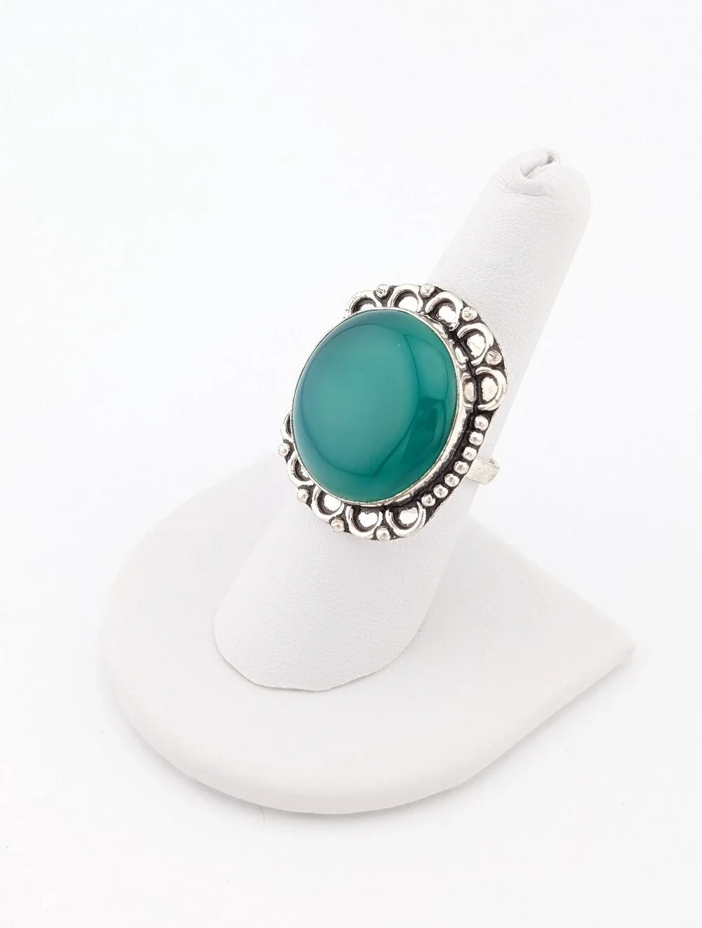 Teal Cabochon Silver Tone Statement Ring - 8 - N